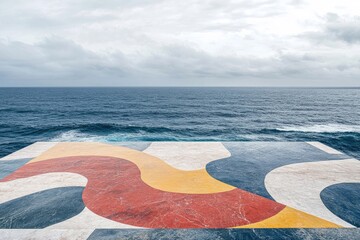open ocean view from a deck with colorful abstract design on a cloudy day at sea.