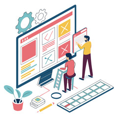 Two people collaborating on a website design project using a large computer screen and a tablet interface showcasing development and planning