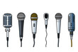 © Tanjil Hasnat - Cartoon studio microphones. Broadcast, voice and music audio recording equipment. Karaoke mic and vintage radio microphone flat  set. Illustration sound mic audio, studio voice microphone.