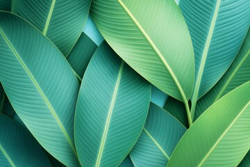 Wall Mural - close-up of overlapping tropical green leaves with detailed texture on a soft turquoise background i