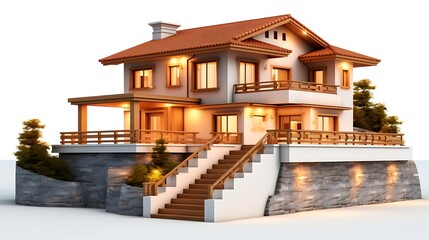 Hillside-inspired 3D house model with stepped design and recessed lighting, solid white background with all components in view.