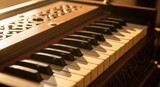 Close up of vintage harmonium keyboard with intricate wooden details