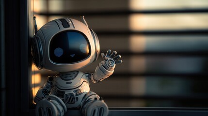 Cute robot figure waving a hand, seated near a window.