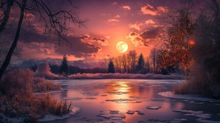 Wall Mural - National Geographic style HD photograph featuring the amazing view of a semi frozen pond in the mountains of colorado
