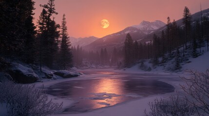Wall Mural - National Geographic style HD photograph featuring the amazing view of a semi frozen pond in the mountains of colorado
