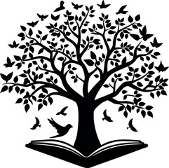 vector art of tree of life growing from an open book with birds isolated on white background