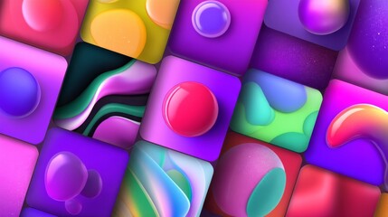 Abstract 3D shapes collage, vibrant purple and pink, app icons and user interface design