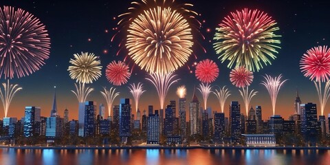Fireworks exploding over city skyline on New Year’s Eve