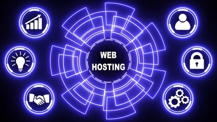 Web Hosting. The activity of providing storage space and access for websites. Business, modern technology, internet and networking concept. glowing animation.