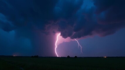 Wall Mural - A dramatic image of a lightning bolt striking through the sky above an open field