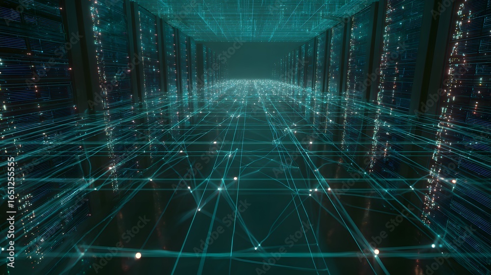 Foto de Stock Wide-angle view of multiple server racks connected by ...