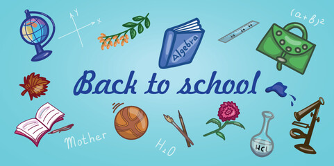  Sample on theme back to school, school supplies on blue background