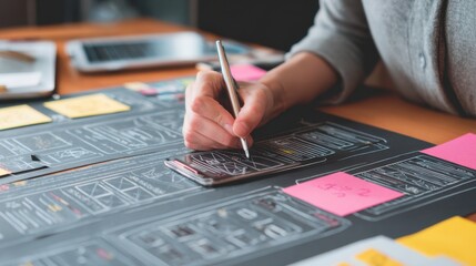 creative designer sketches mobile app layouts on a workspace with sticky notes and devices during th