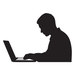 Silhouette of man using laptop computer for work or study online black and white vector graphic design