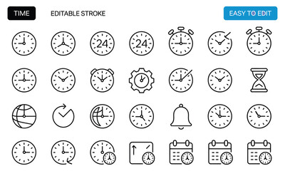 Set of 30 minimalist time icons including clock, stopwatch, timer, alarm, hourglass, calendar, gear, and 24-hour symbols