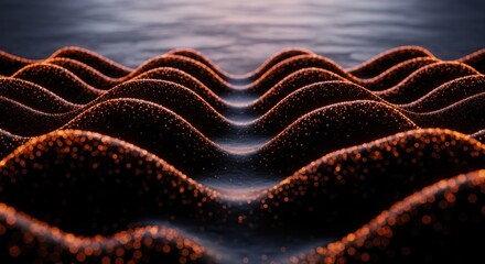 Wall Mural - abstract waves of dark material illuminated with orange sparkles, blurred horizon