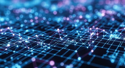 Wall Mural - connected network grid with blue/pink light nodes and glowing lines, dark background