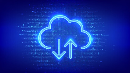 Cloud icon made with binary code. Cloud computing service. Database storage Data center. Transfer data. Cloud Storage. Upload download app. Digital code background with digits 1.0. Vector illustration