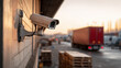 © Алексей Иванченко - Surveillance camera on brick wall monitoring industrial area with red truck and pallets in background during golden hour light