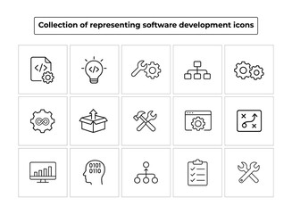 Collection of software development icons, isolated on white background