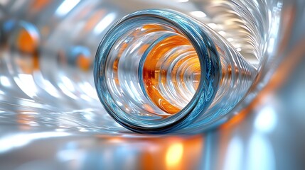 Wall Mural - swirling, transparent tube with orange & blue accents, reflective surface below