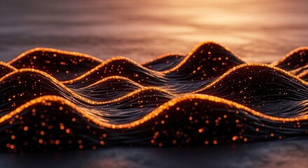 Wall Mural - Undulating black surface illuminated by sparkling orange lights against dark background