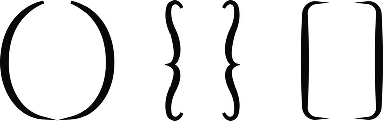 brackets icon set, black vector collection of round, curly, and square bracket group in flat style, 