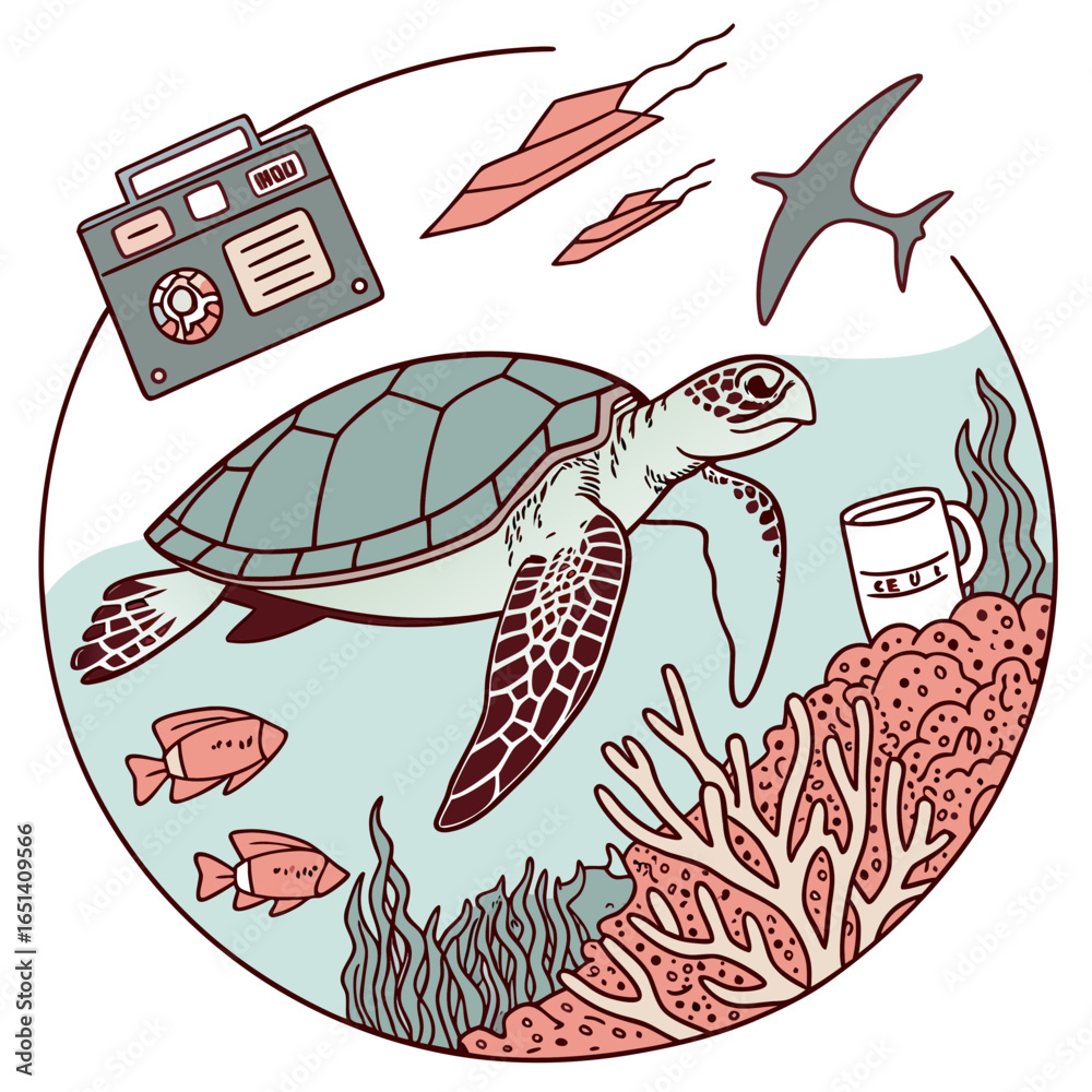 Sea turtle swimming underwater with coral reef fish and radio ...