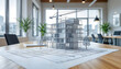 © CURIOS - Plan de construction de bâtiment en dessin 3D bâtiment miniature sur plan dans un bureau d'architecte - design avant projet