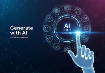 Human finger touching glowing ai interface with futuristic technology