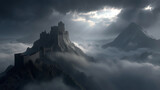 Dark castle looms over a mystical fantasy landscape with swirling clouds and dramatic lighting