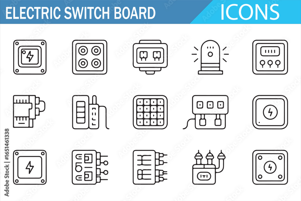 Electric Switchboard Icons Set with Power, Wiring, and Circuit Symbols ...