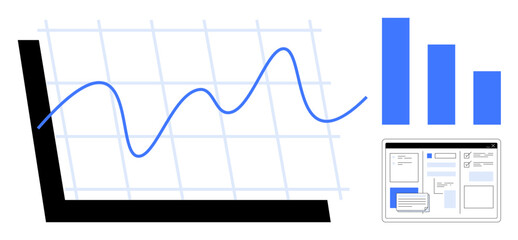 Line graph with gridlines, vertical bar chart in blue, and dashboard interface combining data insights. Ideal for business analysis, technology, strategy, presentation, research, development simple