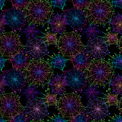 Canvas Print - Seamless background of multicolored spider web on black background