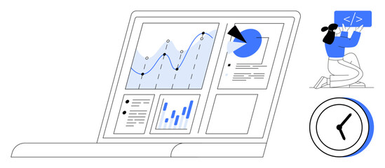 Laptop screen displaying data graphs, charts, and text, person coding with laptop, analog clock. Ideal for technology, analytics, productivity, time management software development digital