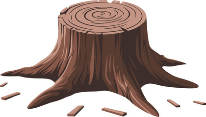 A weathered brown tree stump with exposed roots and scattered wood chips on a white background