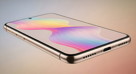 Close up view of a sleek smartphone displaying a colorful abstract wallpaper on its bright screen design