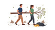 © PojokMillennials - A man and a woman carry tree branches and logs, walking past tree stumps and a garbage bag, symbolizing environmental conservation.