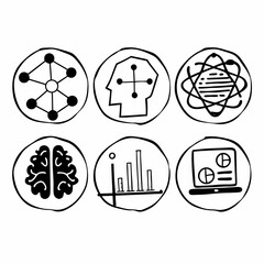 Collection of data science and machine learning icons isolated on white background, representing artificial intelligence and network analysis