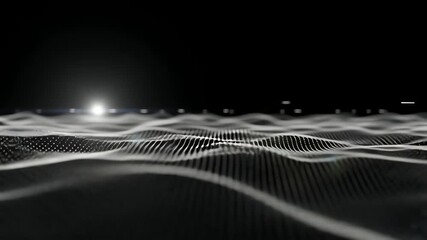 Wall Mural - Abstract digital landscape with interconnected dots, creating a wave-like pattern, and a bright light source.