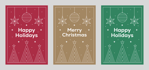 Wall Mural - Christmas Card Design Template with Festive Line Art. Happy Holidays and Merry Christmas Greeting Card Vector Designs with Christmas Tree and Bauble Decorations.
