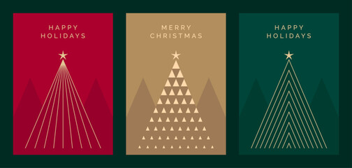 Wall Mural - Elegant Christmas Card Design Template Set. Luxury Christmas Greeting Card Vector Designs with Geometric Christmas Tree Illustrations. Modern Design for Merry Christmas or Happy Holidays Greeting Card