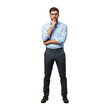 © Nazlykhan - Thoughtful young caucasian male in blue shirt and glasses standing pondering isolated on transparent background