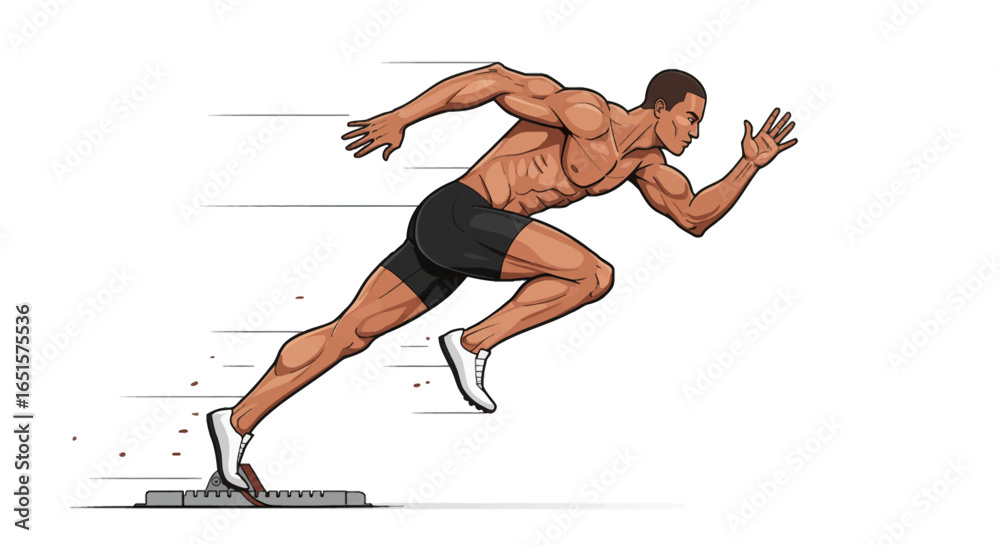 Dynamic illustration of a muscular male sprinter exploding from the ...