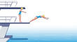 © Bayueka - Sequence of a blonde female diver in a blue swimsuit preparing and executing a dive from a high platform.