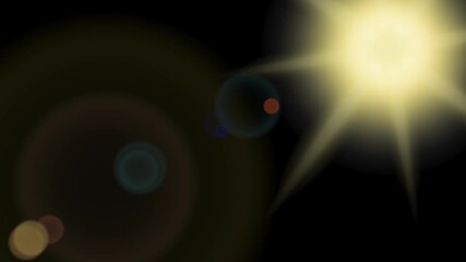 Wall Mural - Animation of sun rays and round flares. Slowly appearing and dissolving bokeh on black background. Bright lens flare effect. Use transparency or screen mode 