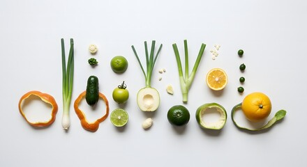 A flat lay of various citrus fruits, green onions, and other produce on a white background surface using all parts of the food