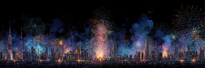 A vibrant cityscape panorama at night, illuminated by a dazzling fireworks display exploding over a skyline of skyscrapers and high-rises