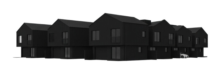 Modern architectural of black houses in urban environment 3d visualization contemporary style isolated on transparent background