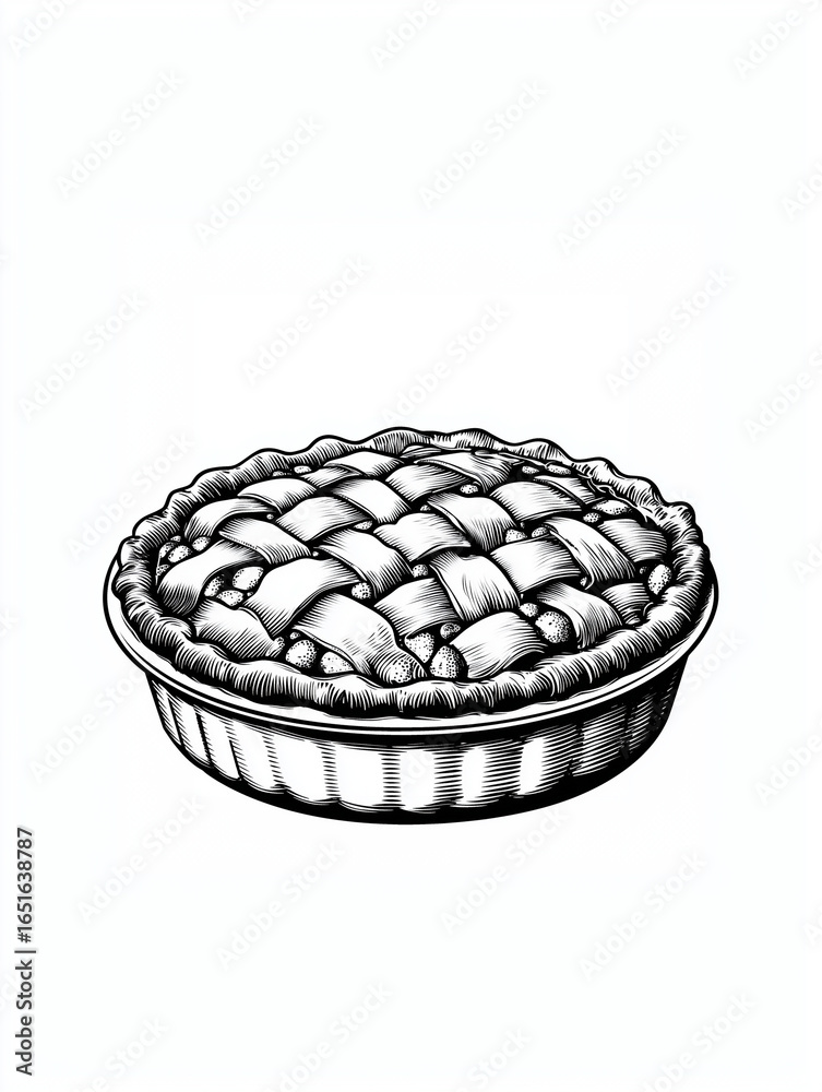 Decorative black line art illustration of pie with lattice crust in ...